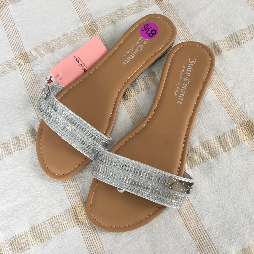 NWT 8 1/2 JUICY COUTURE RHINESTONE SILVER AND TAN FABRIC WITH MANMADE SOLE FLATS